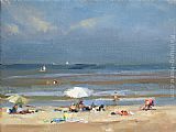 Parasol Canvas Paintings - Sunny at the beach white parasol
